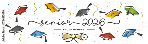 Senior 2026 handwritten typography lettering text. Hand drawn design with diploma colorful confetti and flying graduates caps Congratulations graduates. Golden and black line design white background