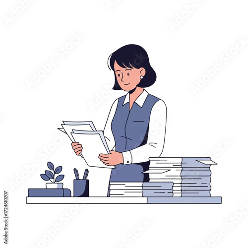 A professional woman diligently reviewing documents at her office desk, surrounded by stacks of paperwork and a small plant.