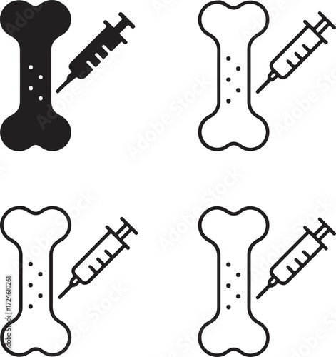 Bone injection icon set, bone injection black silhouette, bone injection vector illustration, bone injection outline, bone injection filled black, bone injection minimal icons