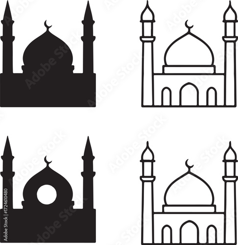 Mosque icon set, mosque black silhouette, mosque vector illustration, mosque outline, mosque filled black, mosque minimal design, mosque thin stroke professional icons