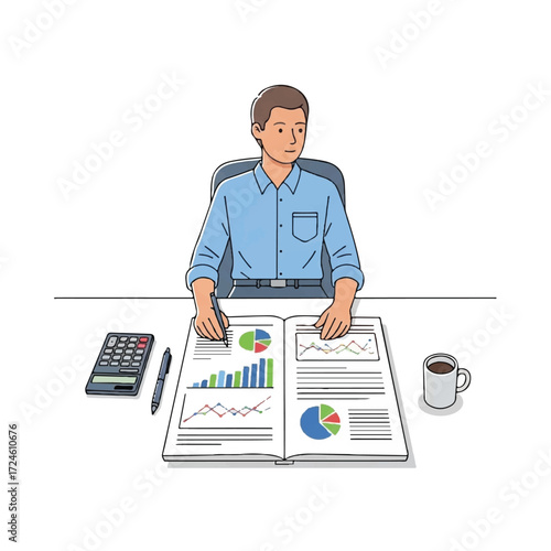 A cartoon illustration of a man working at a desk, analyzing financial reports and charts with a calculator and coffee.