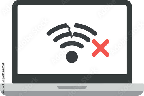 Laptop screen displaying a broken wifi signal indicating no internet connection.