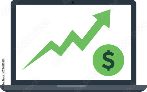 Laptop screen displaying a green upward trending financial growth chart.
