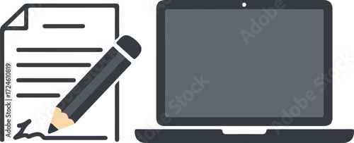 Laptop and document with pencil business and technology concept.