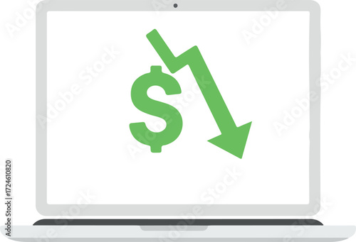 Laptop screen displaying a dollar sign with a downward arrow indicating financial decline.