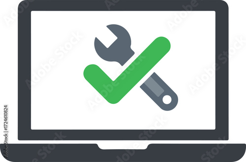Laptop screen displaying a wrench and checkmark for system maintenance.