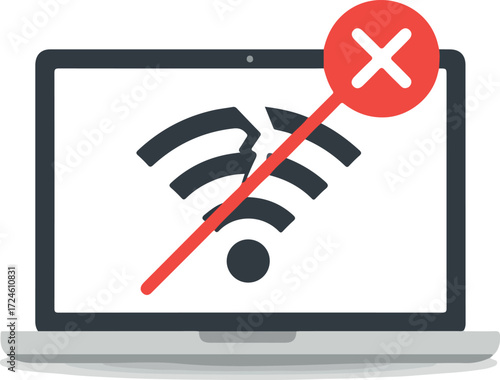 Laptop screen displaying broken wifi connection with a red cross symbol.