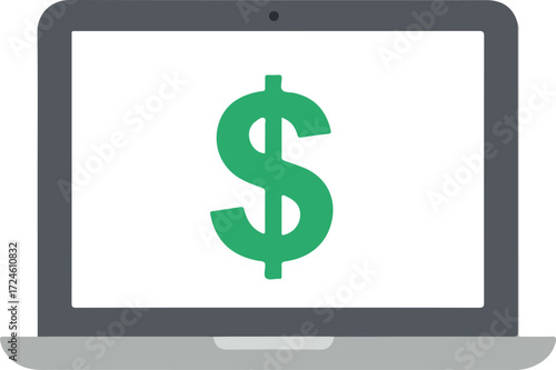 Laptop screen displaying a large green dollar sign representing finance.