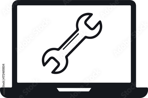 Laptop screen displaying a wrench icon representing computer repair and maintenance.