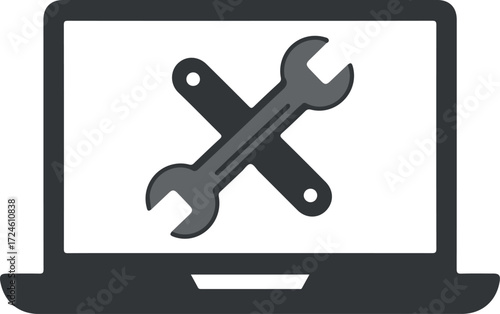 Laptop screen displaying crossed wrenches indicating computer repair and maintenance.