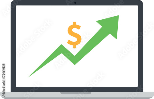 Laptop screen displaying financial growth with dollar symbol and rising arrow.