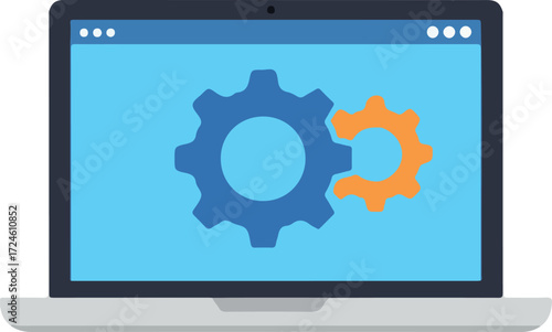 Laptop screen displaying gear icons representing settings and configuration options.