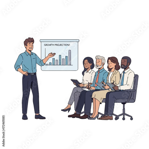 Businessman giving a presentation to a diverse team.