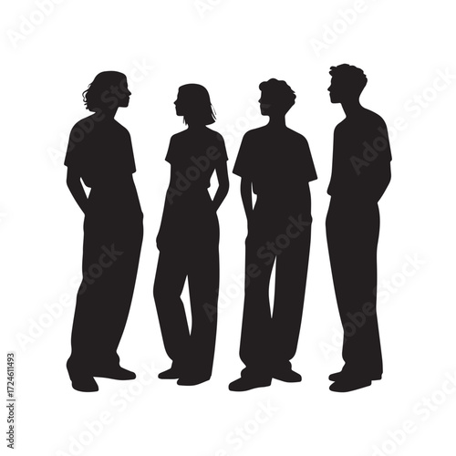 Minimalist black silhouette group of four people standing together in harmony.