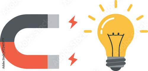 Magnet and Lightbulb Idea Generation Concept Illustration.