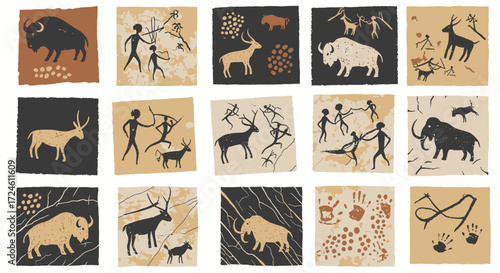 Cave Paintings Showcase Prehistoric Hunters and Animals in Ancient Art, Cultural Significance, Rocky Cave Environment, Historical View