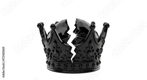 A powerful visual metaphor of a shattered black crown on a pristine white background, representing the dramatic collapse of authority, loss of sovereignty, and the fragility of ultimate power