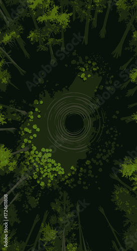 An intriguing aerial view reveals a mysterious dark pond with concentric ripples at the heart of a dense, stylized forest, evoking a sense of hidden depths.
