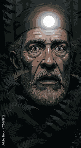 An intense portrait of an older man with a headlamp, his wide eyes expressing shock or fear while illuminated against a dark, mysterious forest background.