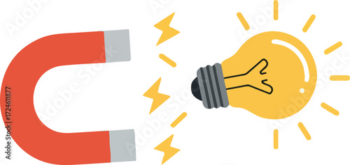 Magnet attracting lightbulb idea generation and innovation concept.