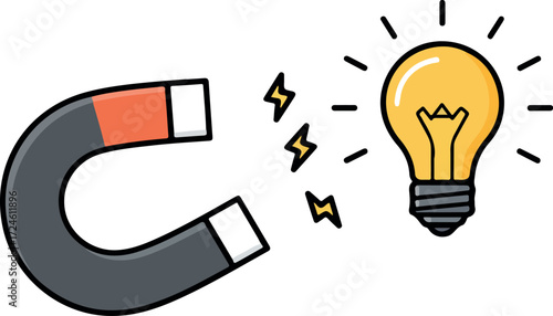 Magnet attracting lightbulb representing idea generation and innovation.