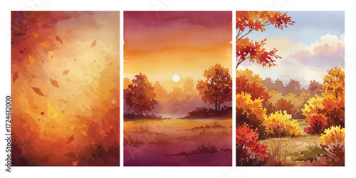 A watercolor autumn scene featuring falling leaves, glowing sunsets, and vibrant trees in red, orange, and yellow tones, capturing the warmth and beauty of the fall season.