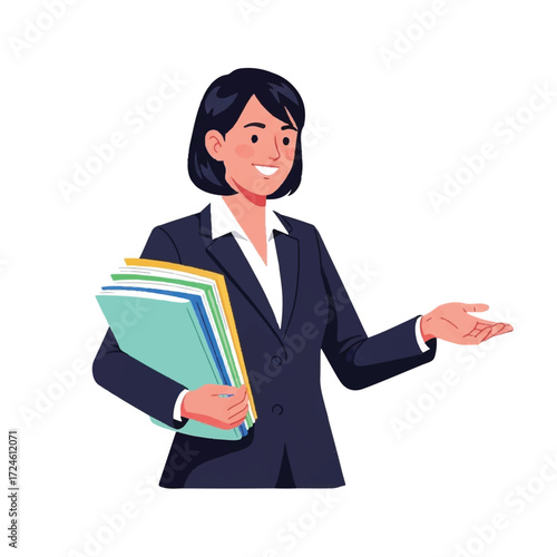 A friendly businesswoman in a dark suit holding a stack of colorful folders, gesturing with an open hand.