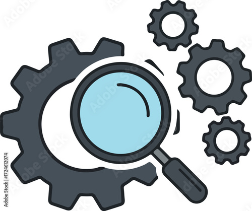 Magnifying glass and gears represent search and technology.
