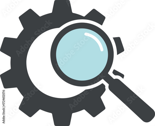 Magnifying glass and gear wheel symbolizing search and analysis of technology.