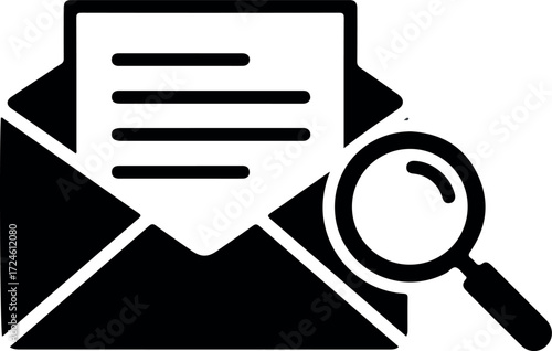 Magnifying glass analyzing email document for important information.