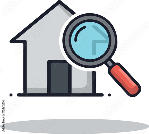 Magnifying glass focuses on house representing real estate search and property.