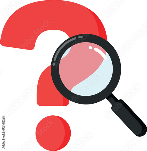 Magnifying glass focuses on a red question mark symbol for investigation.