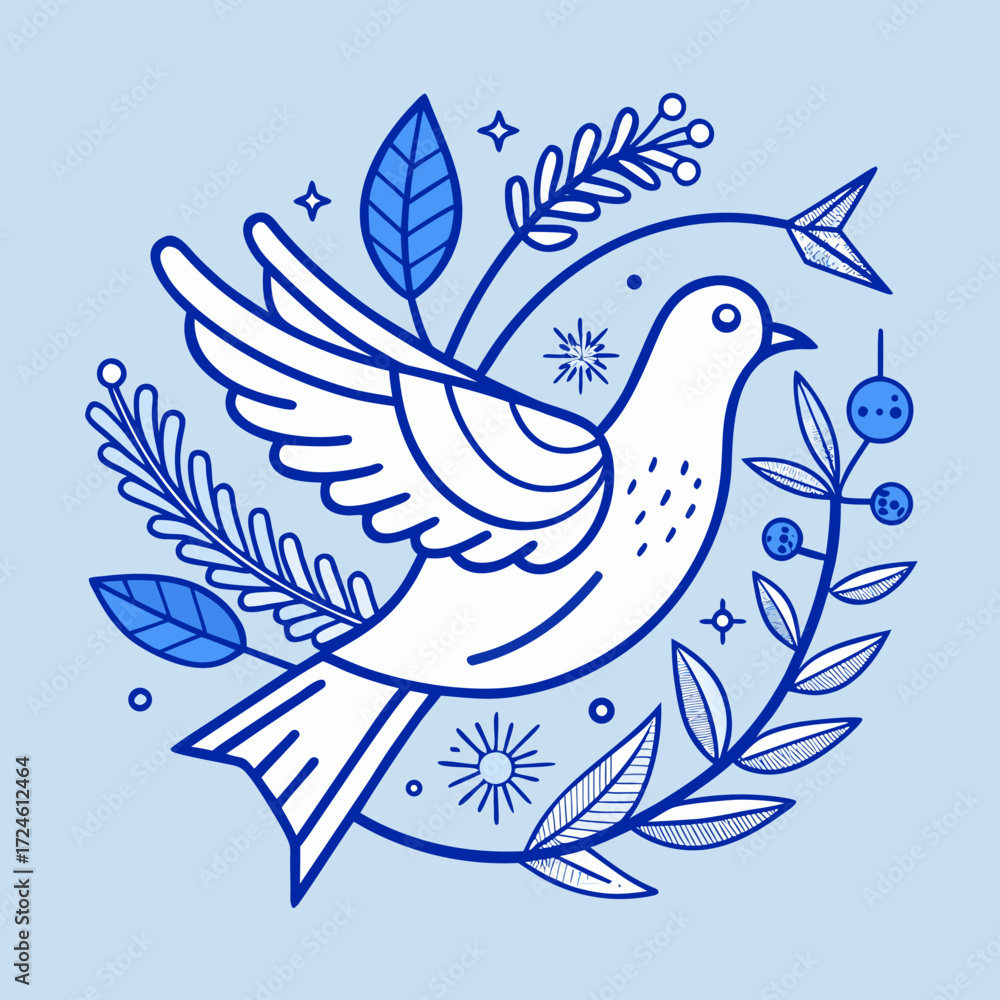 Obraz premium White dove with blue floral accents on light blue background