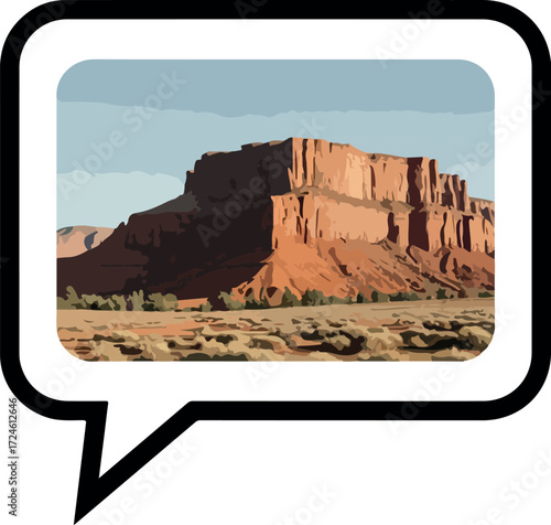 Majestic sandstone butte stands tall against a clear blue sky in the desert landscape.