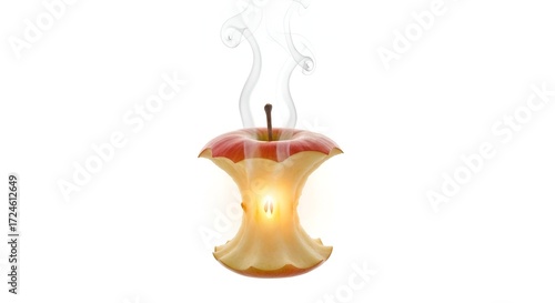 An eaten apple core glowing brightly from within and smoking, symbolizing the concept of metabolic energy and nutritional fuel