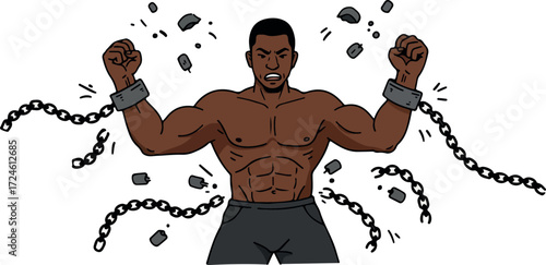 Man breaking free from chains symbolizing liberation and strength.