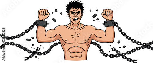 Man breaking free from chains powerful display of strength and freedom.