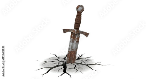 An ancient rusted sword embedded in cracked earth, symbolizing power and historical discovery