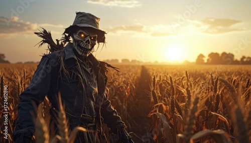 Scarecrow figure, with glowing eyes, in a golden wheat field during sunset. Shadowy, straw-like details and hat add to the eerie scene