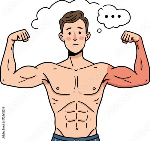 Man flexing muscles with sunburned arm and thought bubble.
