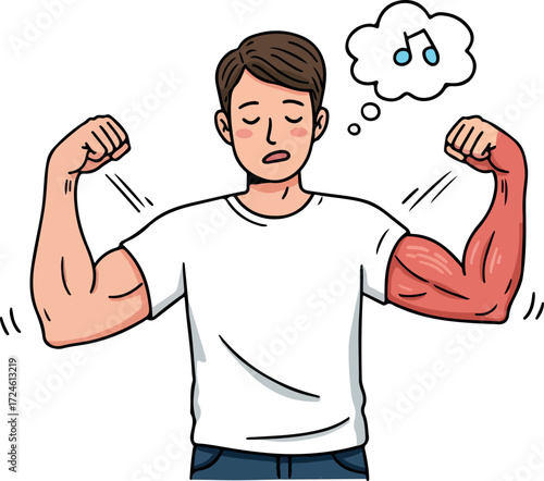 Man flexing muscles with one arm red and thinking about music.