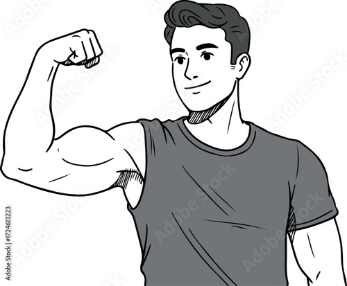 Man flexing bicep showing strength and fitness in grey shirt.