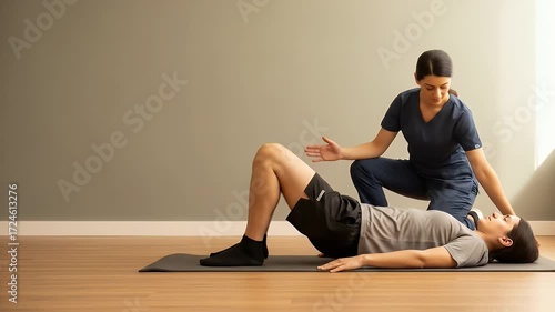 Physical Therapist Assisting Man with Bridge Exercise on Yoga Mat