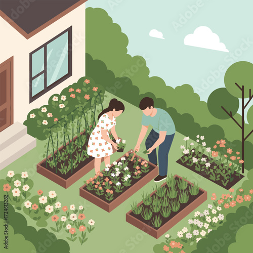 A couple tending to their vibrant raised garden beds filled with blooming flowers and fresh vegetables next to their home.