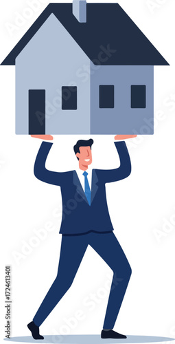 Man in suit carrying a house above his head representing real estate.