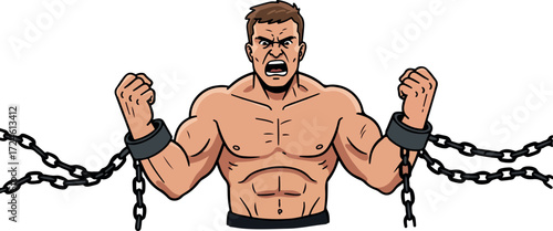Man in chains struggling to break free with anger and frustration.