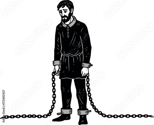 Man in chains looking down representing captivity and despair black and white illustration.