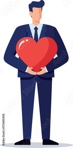 Man in suit holding a big red heart love and care concept.