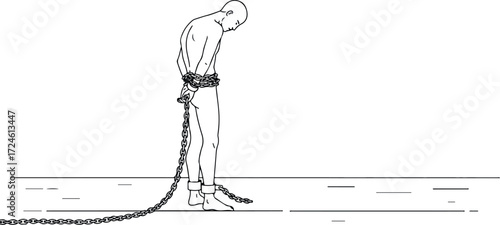Man in chains shackled and restrained facing down suffering.