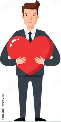 Man in suit holding a big red heart symbol of love and care.